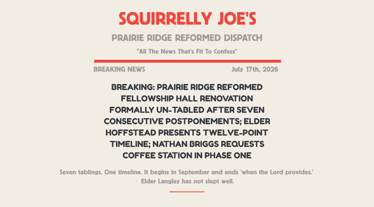 BREAKING: PRAIRIE RIDGE REFORMED FELLOWSHIP HALL RENOVATION FORMALLY UN-TABLED AFTER SEVEN CONSECUTIVE POSTPONEMENTS; ELDER HOFFSTEAD PRESENTS TWELVE-POINT TIMELINE; NATHAN BRIGGS REQUESTS COFFEE STATION IN PHASE ONE