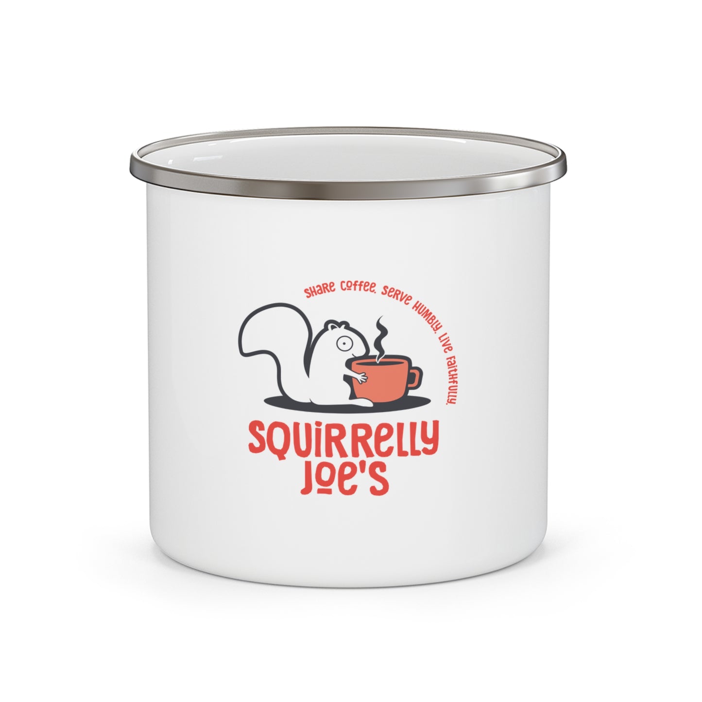 Squirrelly Joe's Enamel Camping Mug - Fun Outdoor Coffee Cup for Adventures